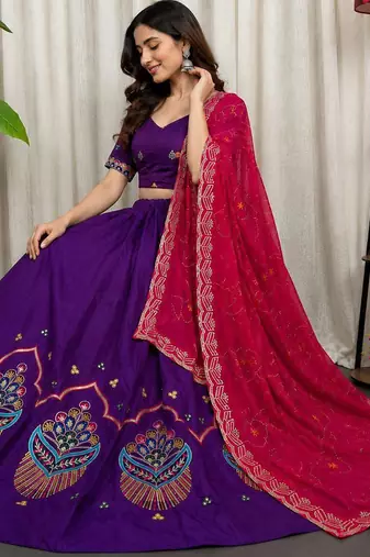 Purple Embroidery and sequins Roman silk blend Lahenga choli Set