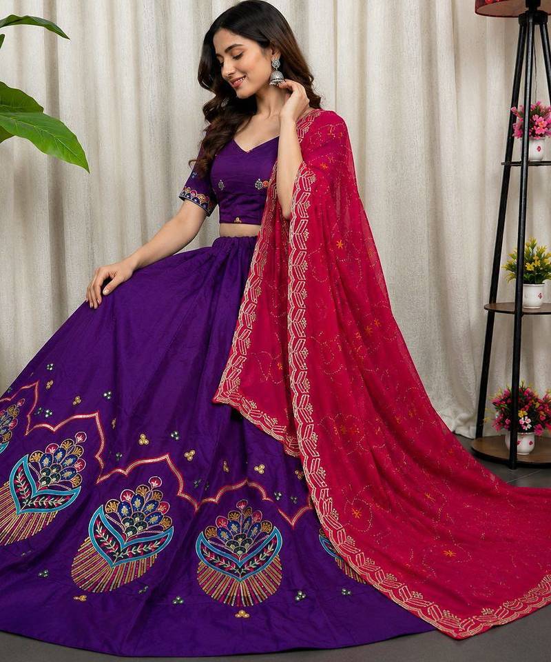 Purple Embroidery and sequins Roman silk blend Lahenga choli Set