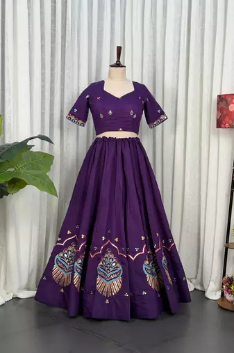 Purple Embroidery and sequins Roman silk blend Lahenga choli Set
