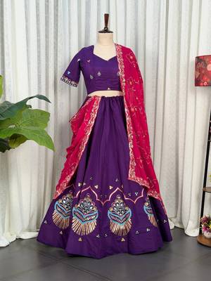 Purple Embroidery and sequins Roman silk blend Lahenga choli Set 5