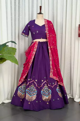 Purple Embroidery and sequins Roman silk blend Lahenga choli Set