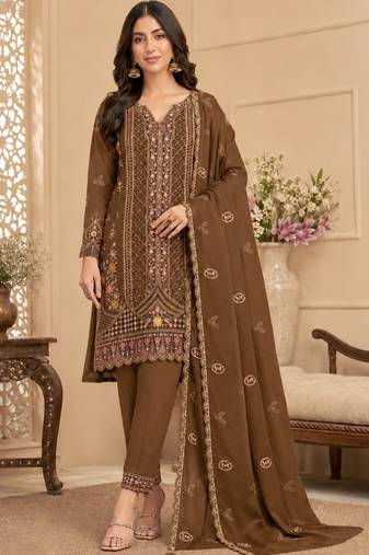Coffee rangoli crush embroidered suit set with dupatta