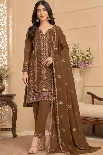 Coffee rangoli crush embroidered suit set with dupatta