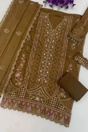 Coffee rangoli crush embroidered suit set with dupatta
