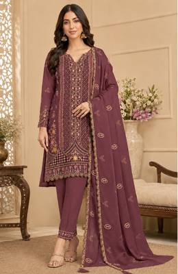 Mauve rangoli crush embroidered suit set with dupatta 1
