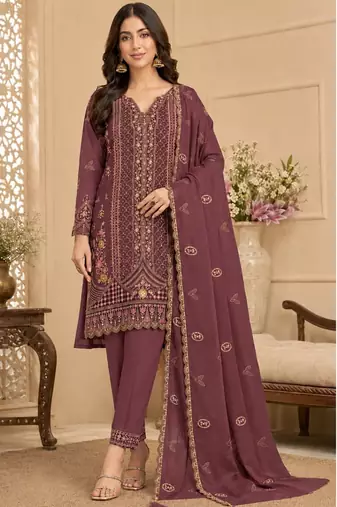 Mauve rangoli crush embroidered suit set with dupatta