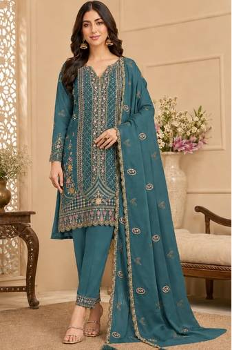 Teal blue rangoli crush embroidered suit set with dupatta