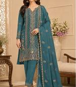 Teal blue rangoli crush embroidered suit set with dupatta