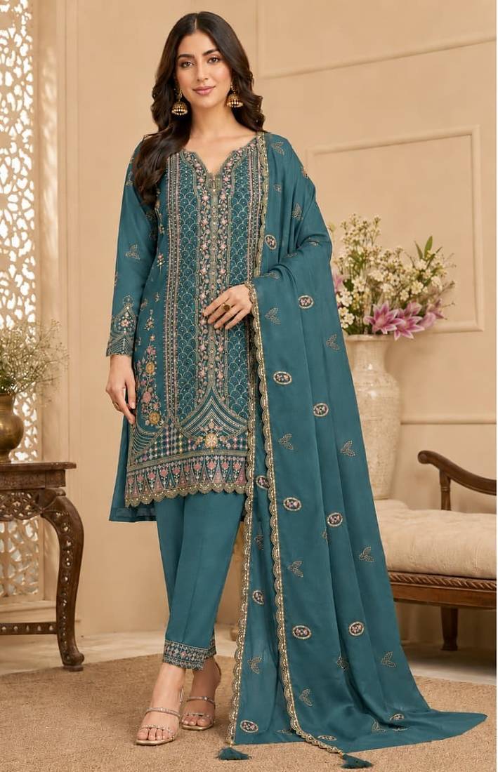 Teal blue rangoli crush embroidered suit set with dupatta