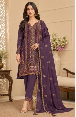 Purple rangoli crush embroidered suit set with dupatta 1