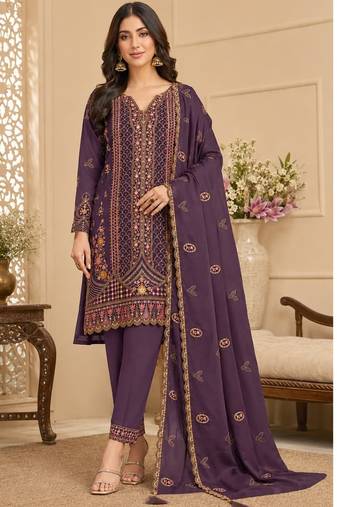 Purple rangoli crush embroidered suit set with dupatta