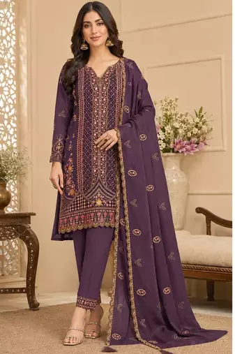 Purple rangoli crush embroidered suit set with dupatta