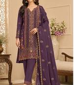 Purple rangoli crush embroidered suit set with dupatta
