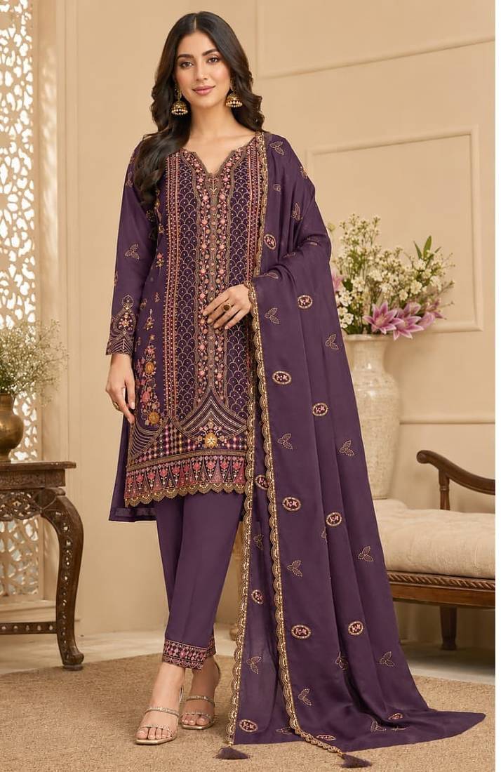 Purple rangoli crush embroidered suit set with dupatta