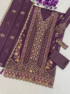Purple rangoli crush embroidered suit set with dupatta 2