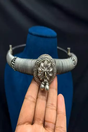 Oxidized Tribal Hasli Necklace, German Silver Torque Choker, Boho Ethnic Statement Necklace