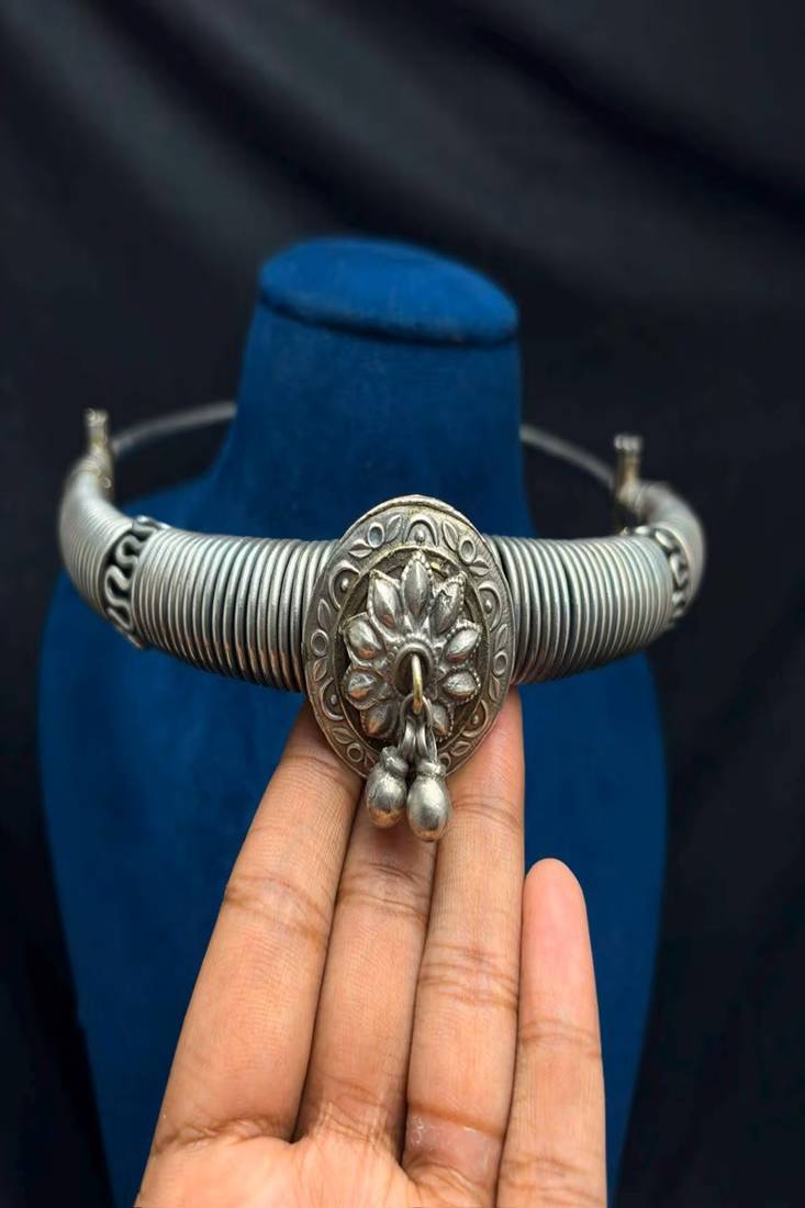 Oxidized Tribal Hasli Necklace, German Silver Torque Choker, Boho Ethnic Statement Necklace