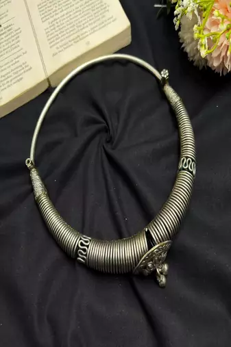 Oxidized Tribal Hasli Necklace, German Silver Torque Choker, Boho Ethnic Statement Necklace