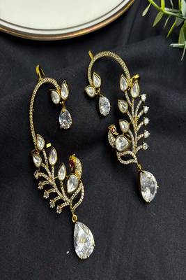Gold Peacock Ear Cuff Earrings, Kundan Ear Crawler, Bridal Ear Wrap,Statement Ear Climber 2