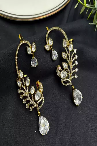 Gold Peacock Ear Cuff Earrings, Kundan Ear Crawler, Bridal Ear Wrap,Statement Ear Climber