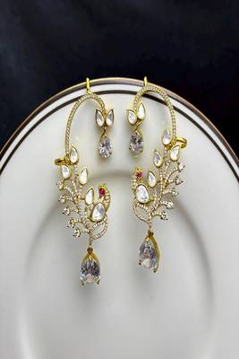 Gold Peacock Ear Cuff Earrings, Kundan Ear Crawler, Bridal Ear Wrap,Statement Ear Climber 3