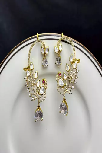 Gold Peacock Ear Cuff Earrings, Kundan Ear Crawler, Bridal Ear Wrap,Statement Ear Climber