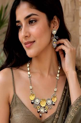 Dual Tone Floral Statement Necklace Set, Handmade Pearl Necklace Earrings, Artisan Boho Jewelry