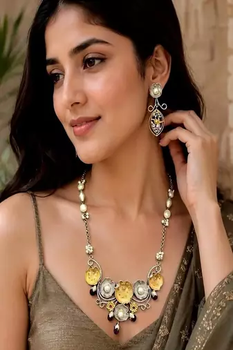Dual Tone Floral Statement Necklace Set, Handmade Pearl Necklace Earrings, Artisan Boho Jewelry