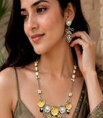 Dual Tone Floral Statement Necklace Set, Handmade Pearl Necklace Earrings, Artisan Boho Jewelry