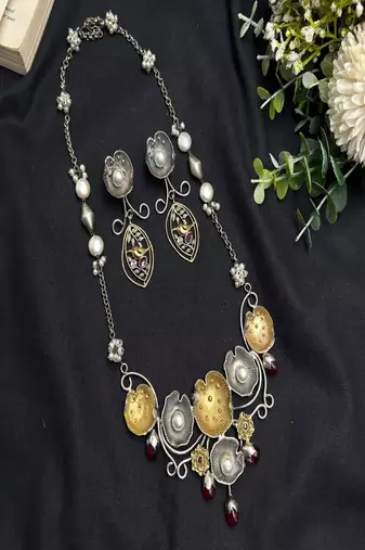 Dual Tone Floral Statement Necklace Set, Handmade Pearl Necklace Earrings, Artisan Boho Jewelry