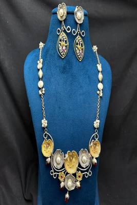 Dual Tone Floral Statement Necklace Set, Handmade Pearl Necklace Earrings, Artisan Boho Jewelry 3