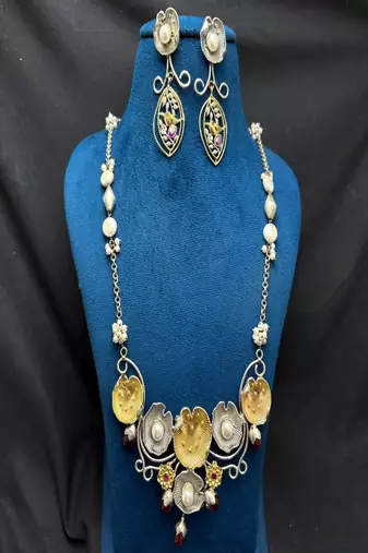 Dual Tone Floral Statement Necklace Set, Handmade Pearl Necklace Earrings, Artisan Boho Jewelry