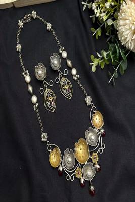 Dual Tone Floral Statement Necklace Set, Handmade Pearl Necklace Earrings, Artisan Boho Jewelry 4