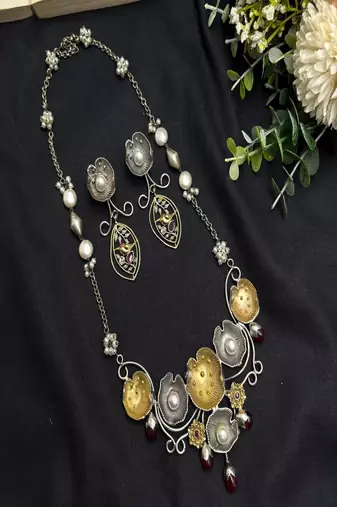 Dual Tone Floral Statement Necklace Set, Handmade Pearl Necklace Earrings, Artisan Boho Jewelry