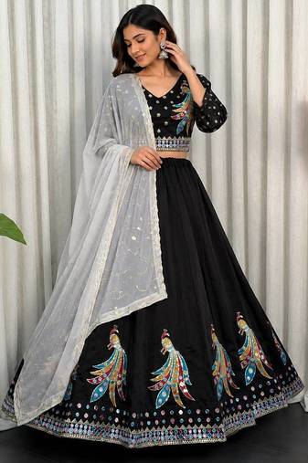 Black Embroidery sequin and foil mirar Roman Silk_blend Lahenga Choli set