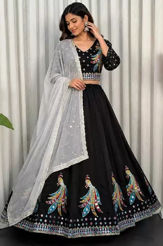 Black Embroidery sequin and foil mirar Roman Silk_blend Lahenga Choli set