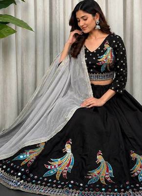 Black Embroidery sequin and foil mirar Roman Silk_blend Lahenga Choli set 2