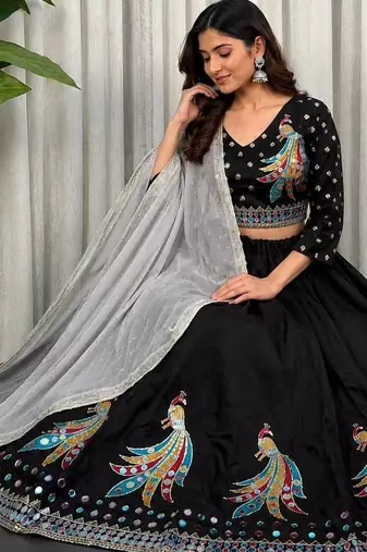 Black Embroidery sequin and foil mirar Roman Silk_blend Lahenga Choli set