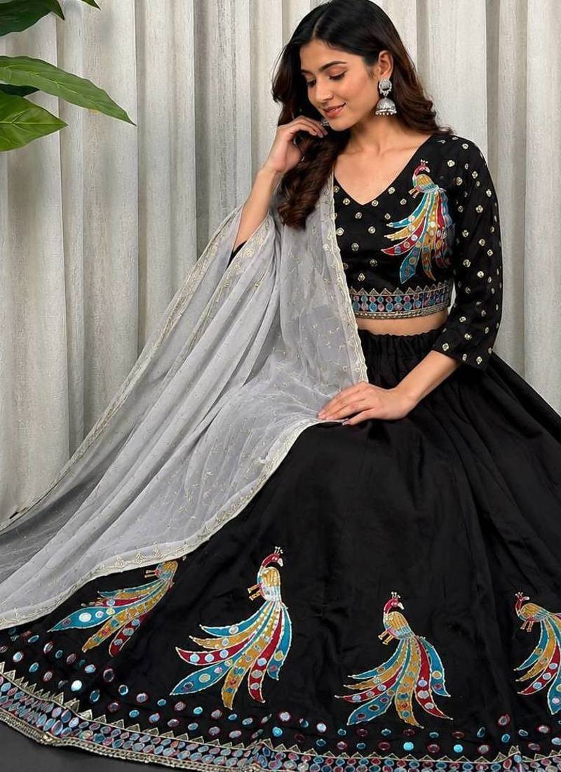 Black Embroidery sequin and foil mirar Roman Silk_blend Lahenga Choli set
