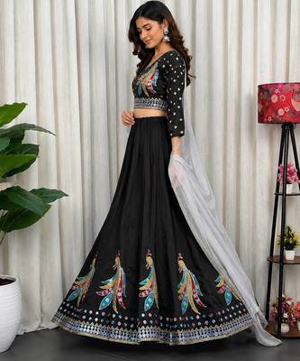 Black Embroidery sequin and foil mirar Roman Silk_blend Lahenga Choli set 3
