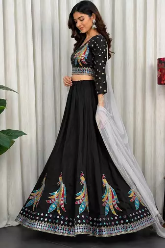 Black Embroidery sequin and foil mirar Roman Silk_blend Lahenga Choli set