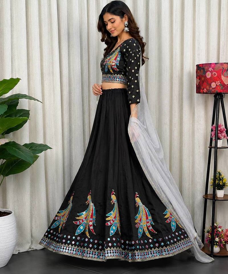 Black Embroidery sequin and foil mirar Roman Silk_blend Lahenga Choli set