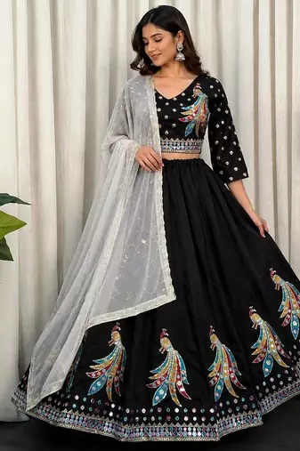 Black Embroidery sequin and foil mirar Roman Silk_blend Lahenga Choli set