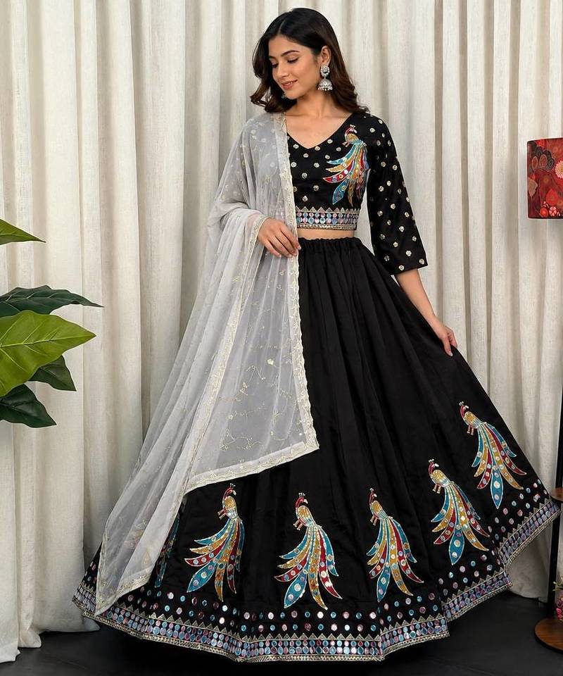 Black Embroidery sequin and foil mirar Roman Silk_blend Lahenga Choli set