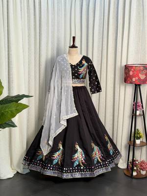 Black Embroidery sequin and foil mirar Roman Silk_blend Lahenga Choli set 5