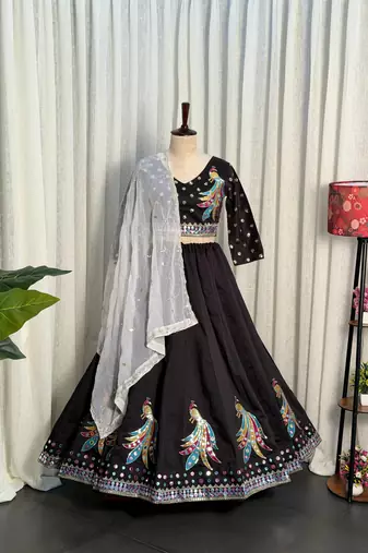 Black Embroidery sequin and foil mirar Roman Silk_blend Lahenga Choli set