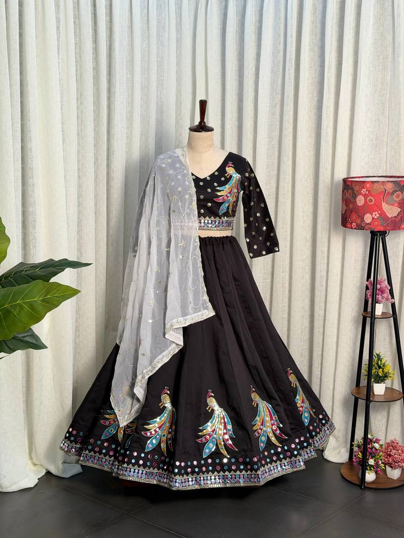 Black Embroidery sequin and foil mirar Roman Silk_blend Lahenga Choli set