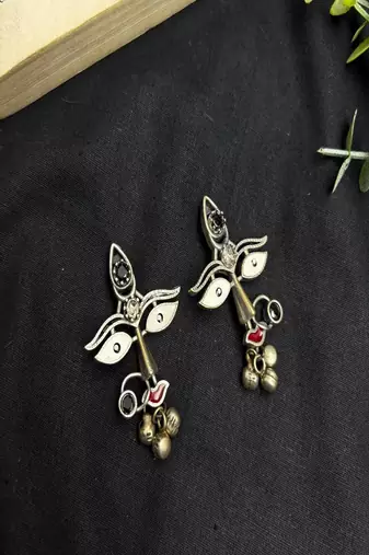 Oxidized Tribal Face Earrings, Boho Statement Earrings, Durga Goddess Face Dangle Earrings, Silver Ethnic Jewelry
