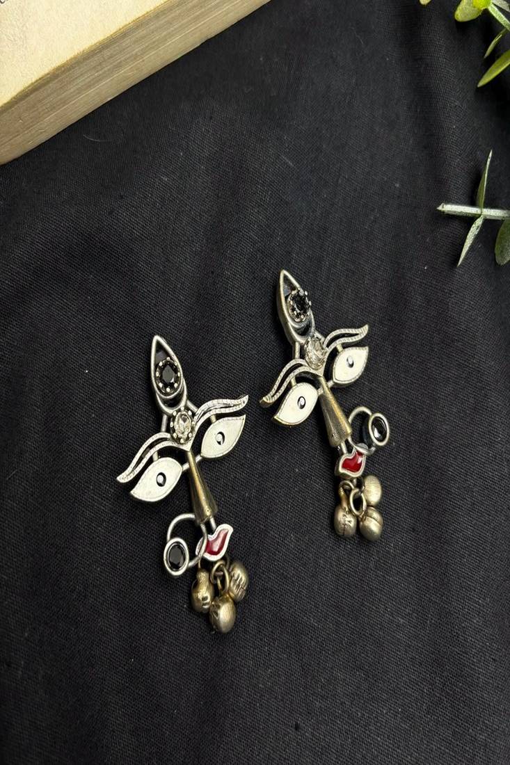 Oxidized Tribal Face Earrings, Boho Statement Earrings, Durga Goddess Face Dangle Earrings, Silver Ethnic Jewelry