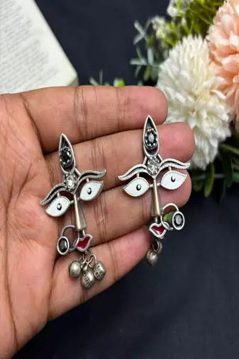 Oxidized Tribal Face Earrings, Boho Statement Earrings, Durga Goddess Face Dangle Earrings, Silver Ethnic Jewelry